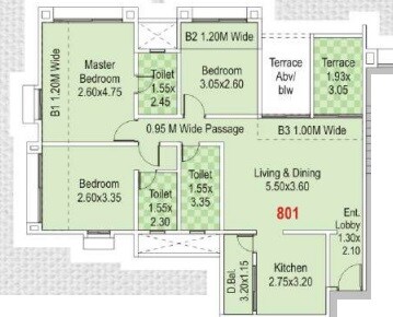 Floor plan of 3 BHK 954 Sq. Ft. Apartment in Kumar Picasso, Pune
