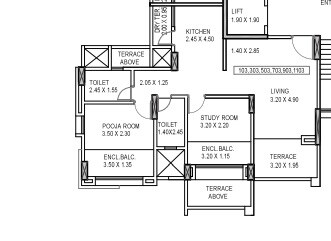 Floor plan of 3 BHK 804 Sq. Ft. Apartment in Kumar Piccadilly, Pune