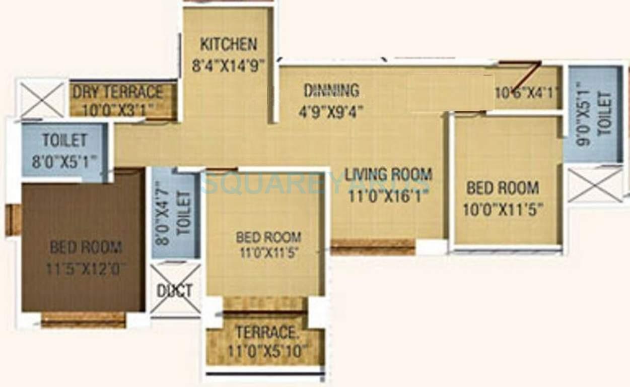Floor plan of 3 BHK 948 Sq. Ft. Apartment in Kumar Piccadilly, Pune