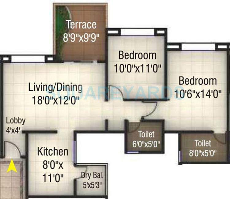 Floor plan of 2 BHK 1062 Sq. Ft. Apartment in Kumar Pinakin, Pune