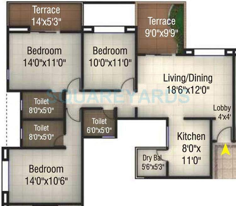 Floor plan of 3 BHK 1444 Sq. Ft. Apartment in Kumar Pinakin, Pune