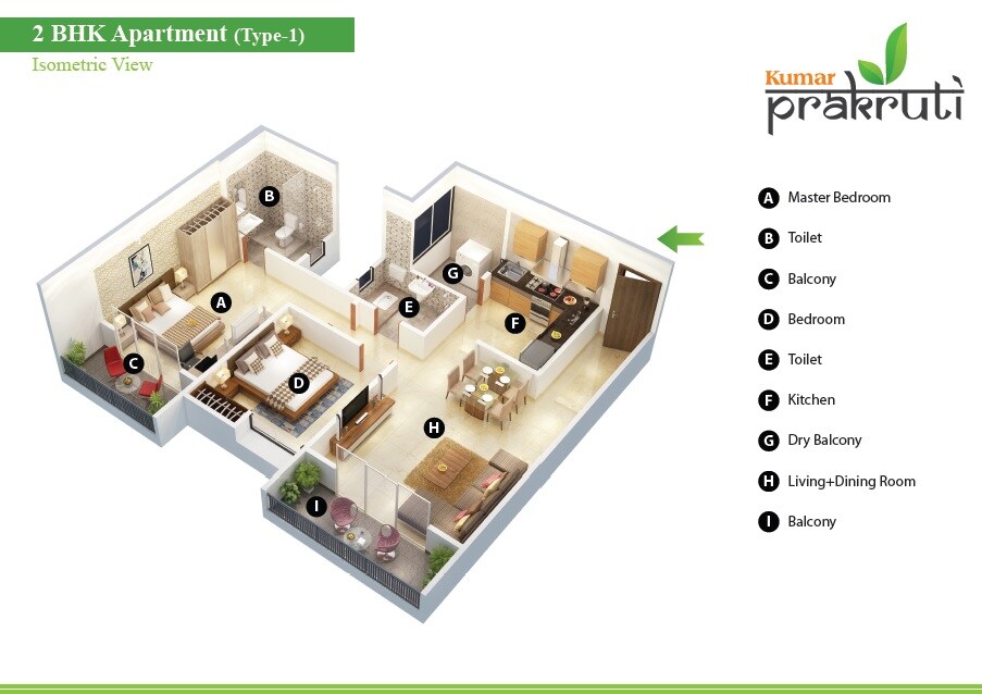 Floor plan of 2 BHK 702 Sq. Ft. Apartment in Kumar Prakruti, Pune