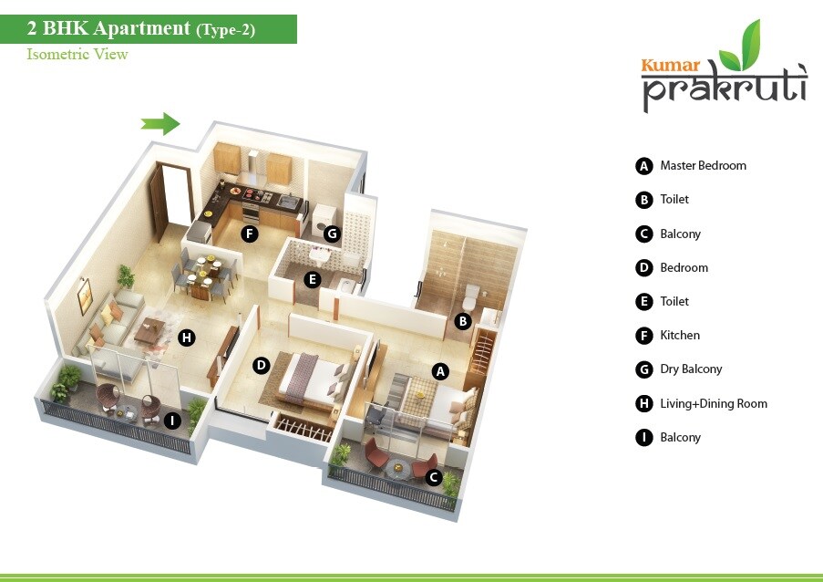 Floor plan of 2 BHK 821 Sq. Ft. Apartment in Kumar Prakruti, Pune