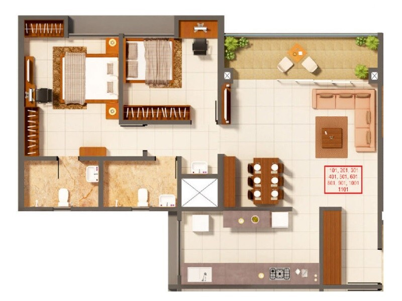 Floor plan of 2 BHK 892 Sq. Ft. Apartment in Kumar Pratham, Pune
