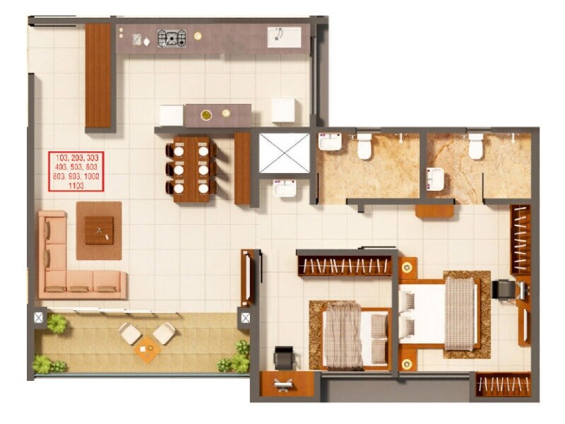 Floor plan of 2 BHK 791 Sq. Ft. Apartment in Kumar Pratham, Pune