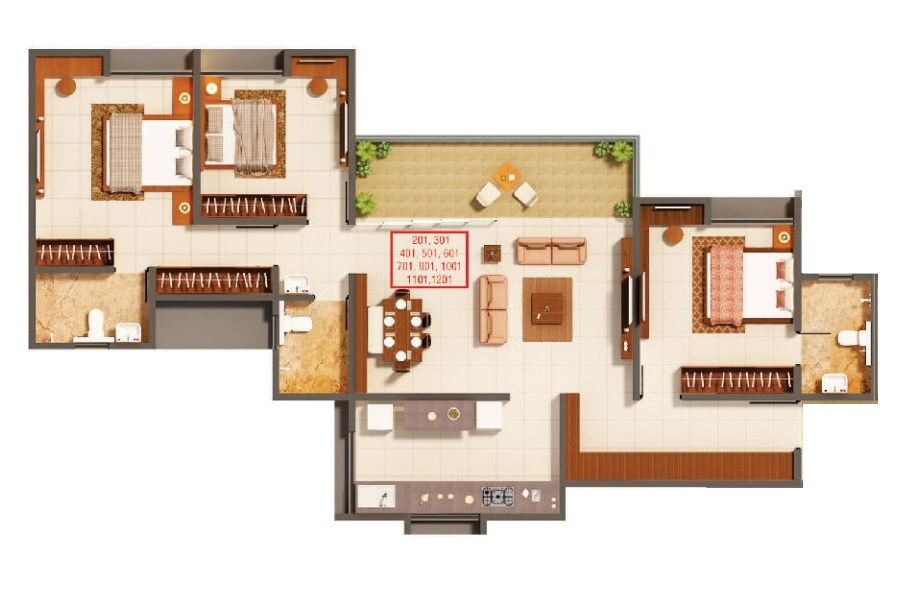 Floor plan of 3 BHK 1082 Sq. Ft. Apartment in Kumar Pratham, Pune