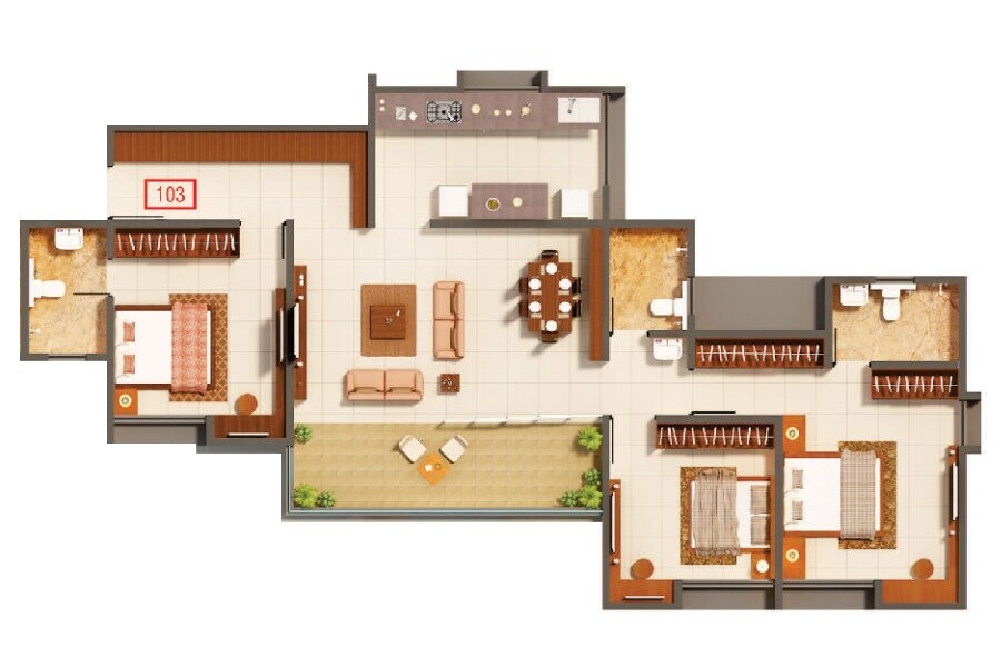 Floor plan of 3 BHK 1151 Sq. Ft. Apartment in Kumar Pratham, Pune
