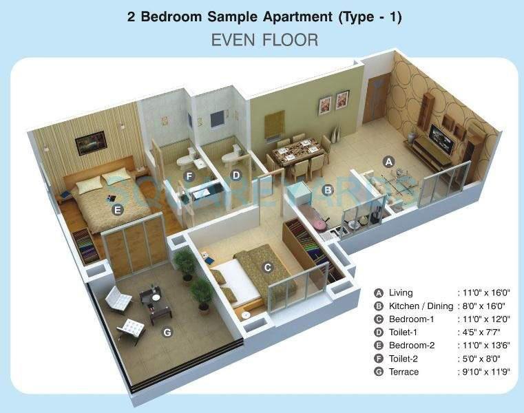 Floor plan of 2 BHK 748 Sq. Ft. Apartment in Kumar Primavera, Pune