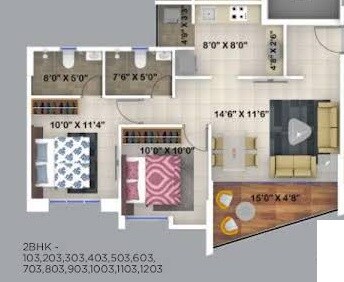 Floor plan of 2 BHK 623 Sq. Ft. Apartment in Kumar Primrose, Pune