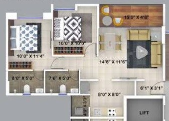 Floor plan of 2 BHK 672 Sq. Ft. Apartment in Kumar Primrose, Pune