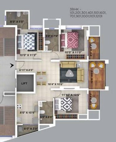 Floor plan of 3 BHK 848 Sq. Ft. Apartment in Kumar Primrose, Pune