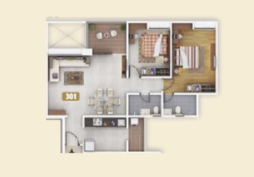Floor plan of 2 BHK 805 Sq. Ft. Apartment in Kumar Princetown, Pune