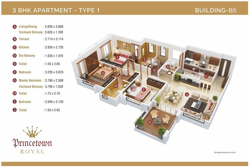 Floor plan of 3 BHK Apartment - 1350 sq. ft. in Kumar Princetown Royal, Pune