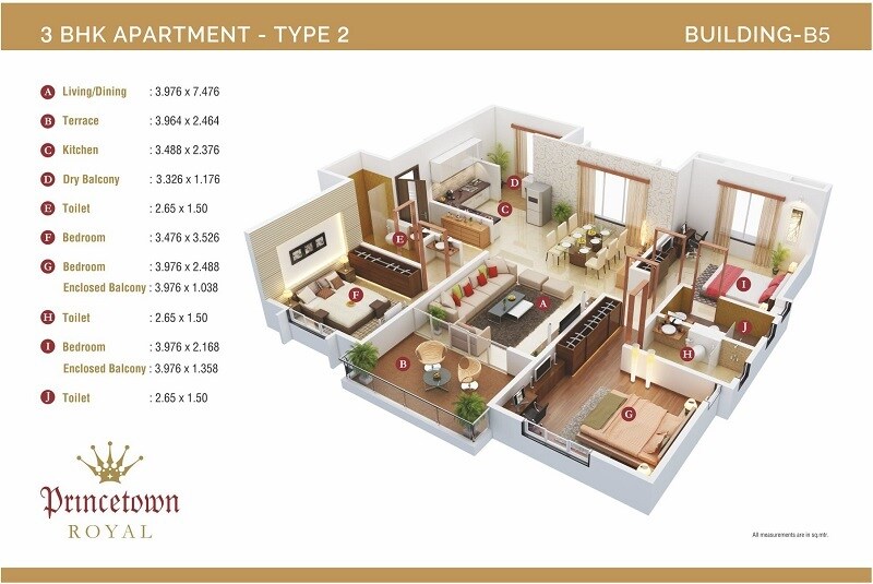 Floor plan of 3 BHK Apartment - 1243 sq. ft. in Kumar Princetown Royal, Pune