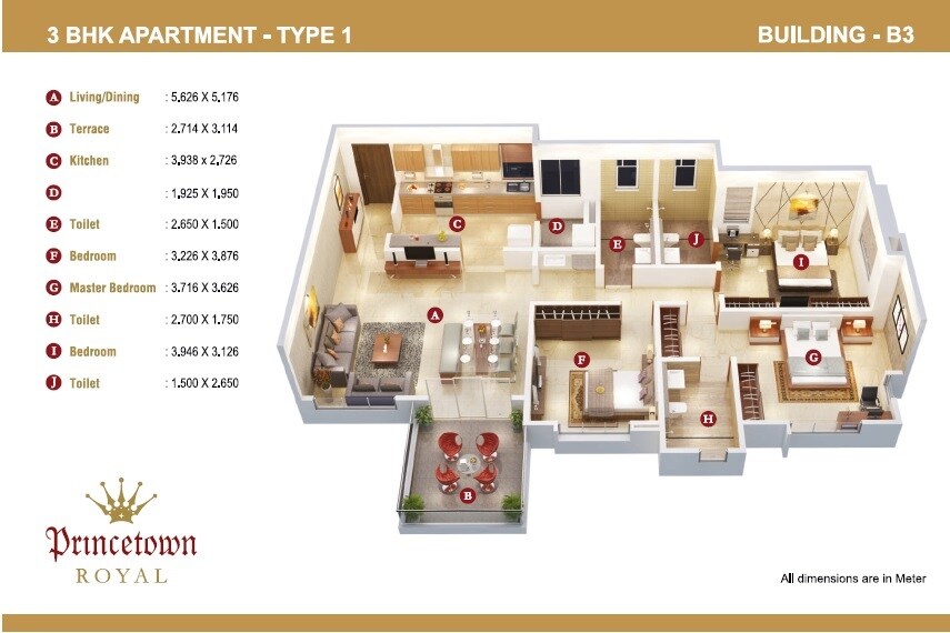 Floor plan of 3 BHK Apartment - 1275 sq. ft. in Kumar Princetown Royal, Pune