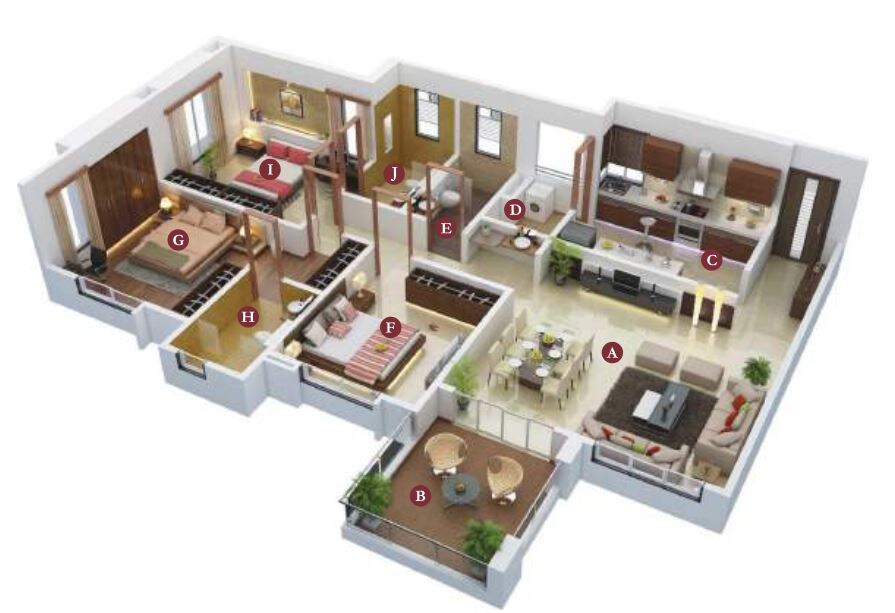 Floor plan of 3 BHK 1098 Sq. Ft. Apartment in Kumar Princetown Royal B2, Pune