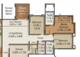 Floor plan of 3 BHK 1107 Sq. Ft. Apartment in Kumar Princetown Royal B2, Pune