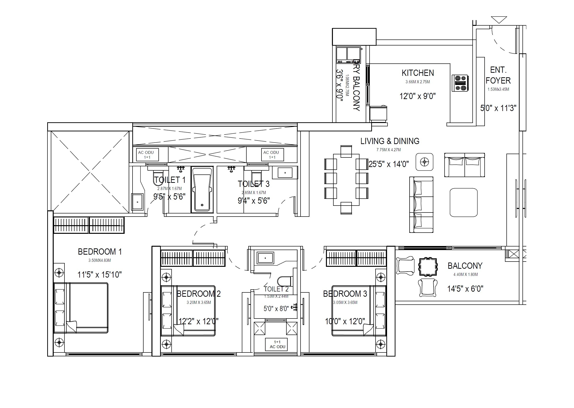 Floor plan of 3 BHK 1335 Sq. Ft. Apartment in Kumar Prism, Pune