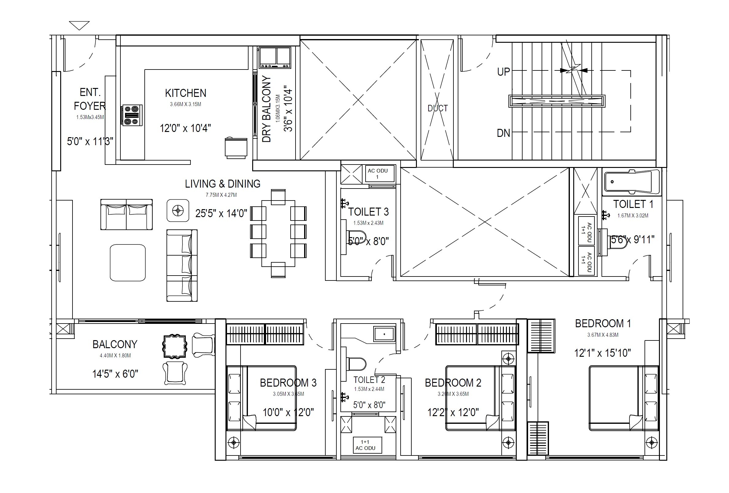 Floor plan of 3 BHK 1358 Sq. Ft. Apartment in Kumar Prism, Pune