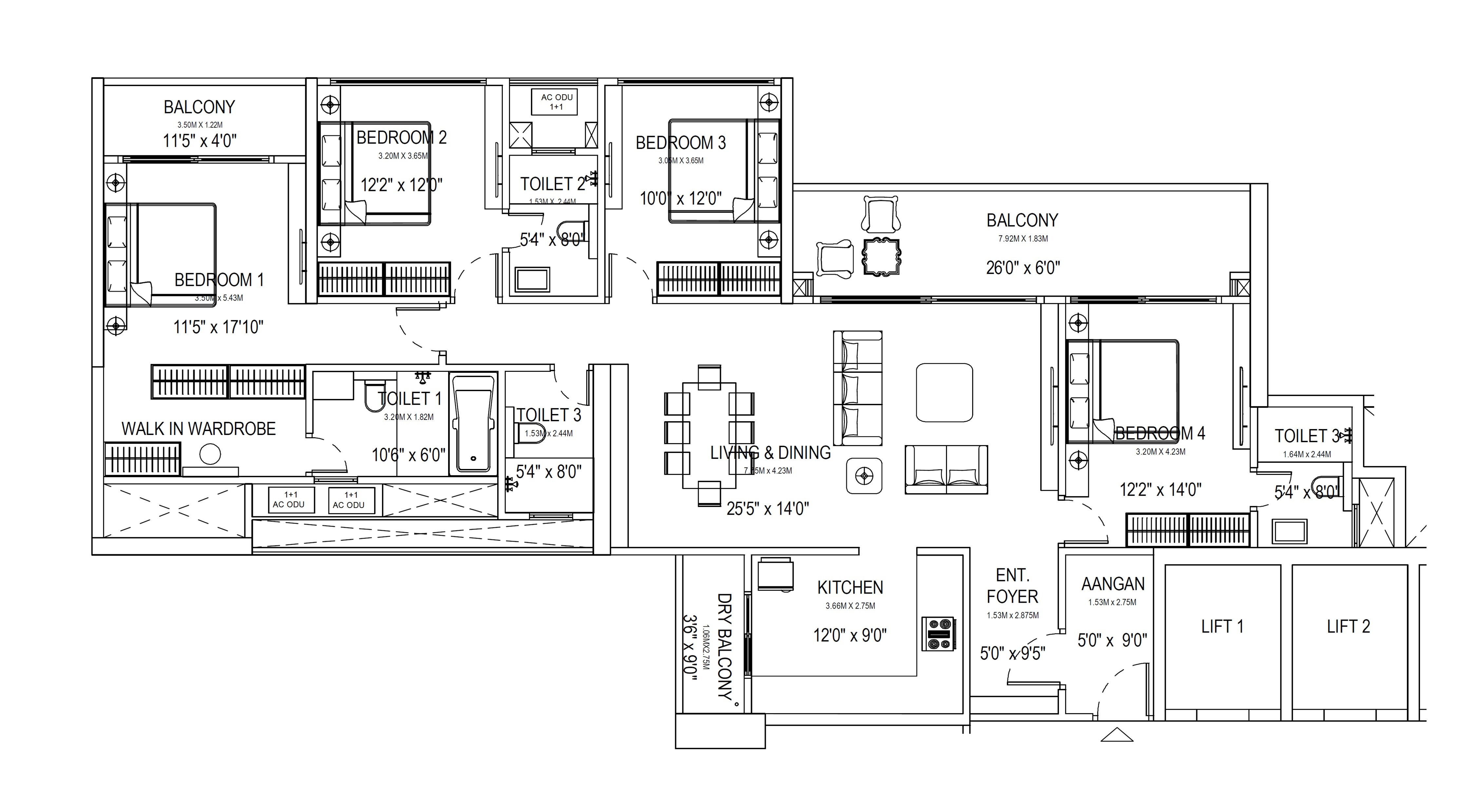 Floor plan of 4 BHK 1775 Sq. Ft. Apartment in Kumar Prism, Pune
