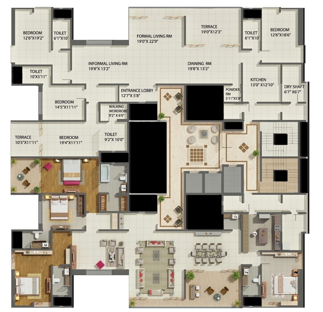 Floor plan of 4 BHK 2973 Sq. Ft. Apartment in Kumar Privie Shiloh, Pune