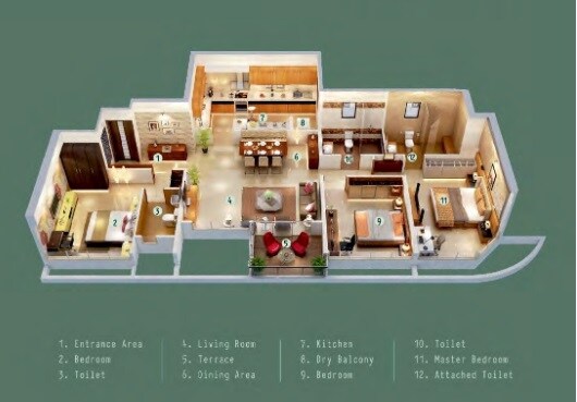 Floor plan of 3 BHK Apartment - 1230 sq. ft. in Kumar Prospera Hadapsar, Pune