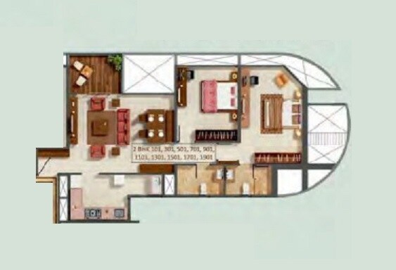 Floor plan of 2 BHK Apartment - 942 sq. ft. in Kumar Prospera Hadapsar, Pune