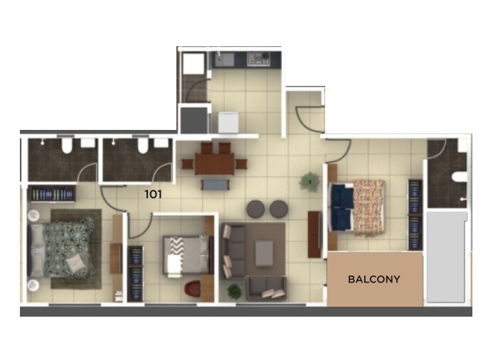 Floor plan of 3 BHK 930 Sq. Ft. Apartment in Kumar Samruddhi Society, Pune
