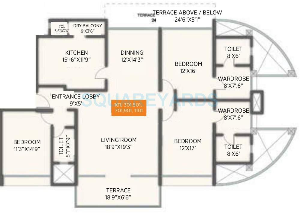 Floor plan of 3 BHK 2293 Sq. Ft. Apartment in Kumar Sienna, Pune