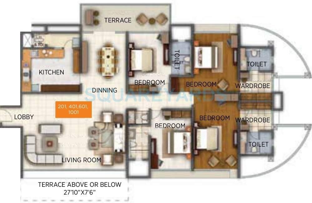 Floor plan of 4 BHK 3193 Sq. Ft. Apartment in Kumar Sienna, Pune