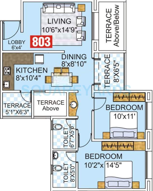 Floor plan of 2 BHK 1000 Sq. Ft. Apartment in Kumar Surabhi, Pune