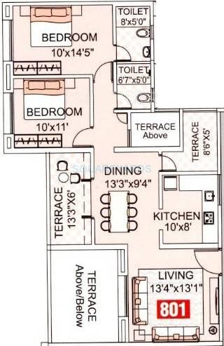 Floor plan of 2 BHK 1116 Sq. Ft. Apartment in Kumar Surabhi, Pune