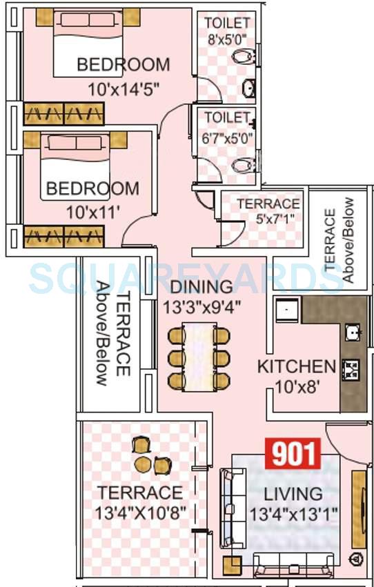 Floor plan of 2 BHK 1175 Sq. Ft. Apartment in Kumar Surabhi, Pune