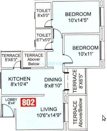 Floor plan of 2 BHK 996 Sq. Ft. Apartment in Kumar Surabhi, Pune