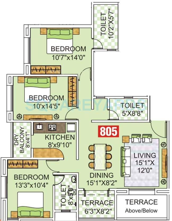 Floor plan of 3 BHK 1397 Sq. Ft. Apartment in Kumar Surabhi, Pune