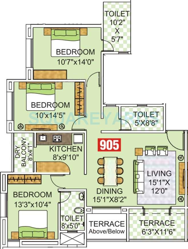 Floor plan of 3 BHK 1423 Sq. Ft. Apartment in Kumar Surabhi, Pune