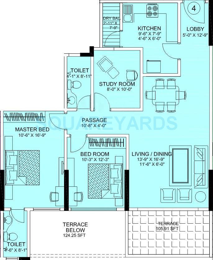Floor plan of 2 BHK 1463 Sq. Ft. Apartment in Kumar Urban 45 Nirvana Hills, Pune