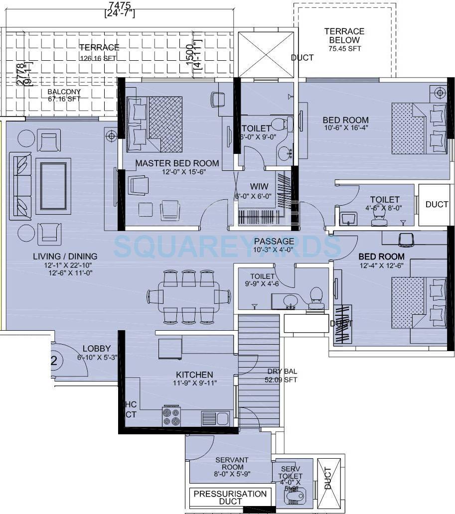 Floor plan of 3 BHK 2100 Sq. Ft. Apartment in Kumar Urban 45 Nirvana Hills, Pune