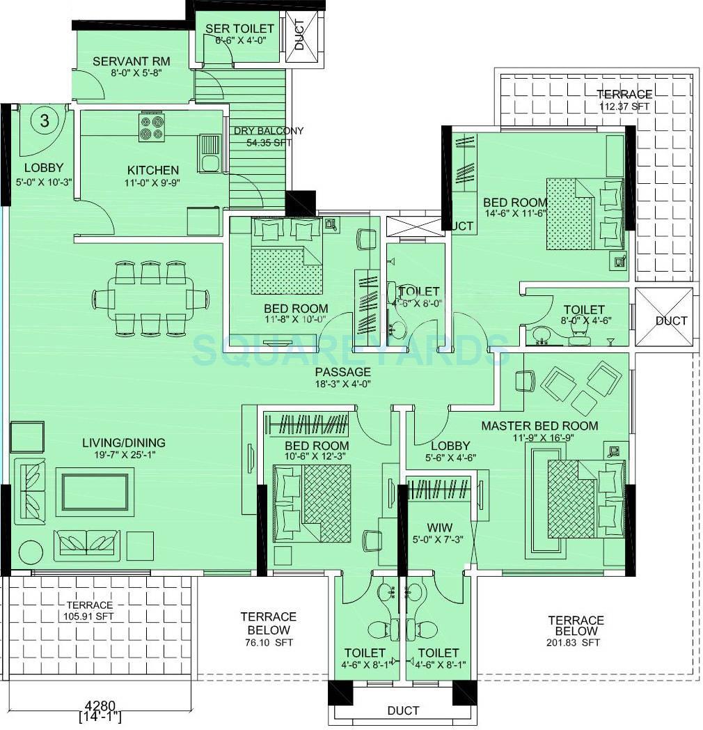 Floor plan of 4 BHK 2600 Sq. Ft. Apartment in Kumar Urban 45 Nirvana Hills, Pune