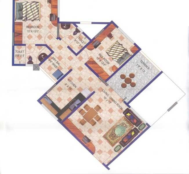 Floor plan of 2 BHK 1014 Sq. Ft. Apartment in Kumar Urban Kruti, Pune