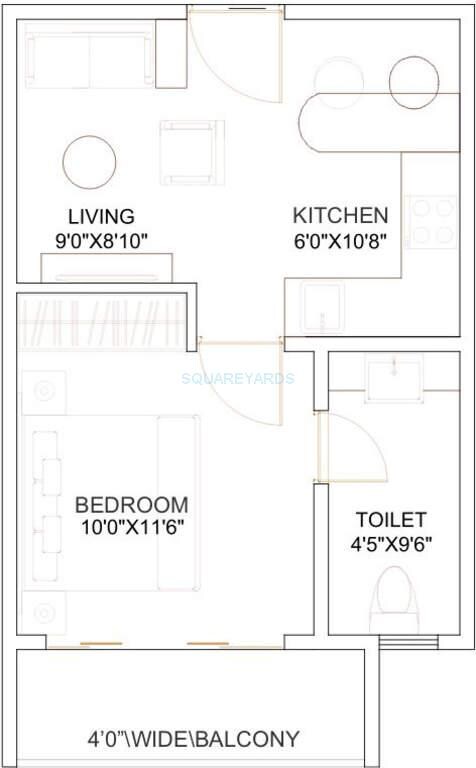 Floor plan of 1 BHK 350 Sq. Ft. Apartment in Kumar Urban Kube, Pune