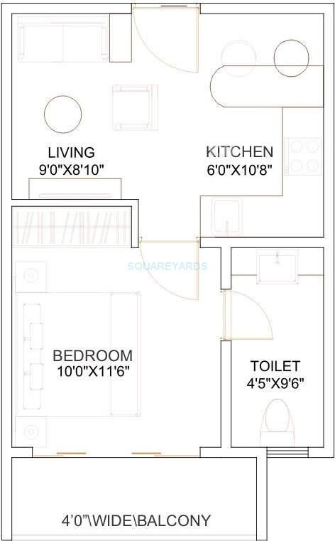 Floor plan of 1 BHK 450 Sq. Ft. Apartment in Kumar Urban Kube, Pune