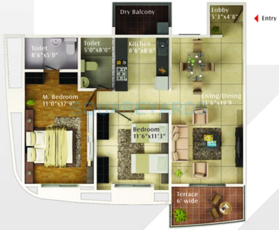 Floor plan of 2 BHK 1376 Sq. Ft. Apartment in Kumar Urban Scapes, Pune