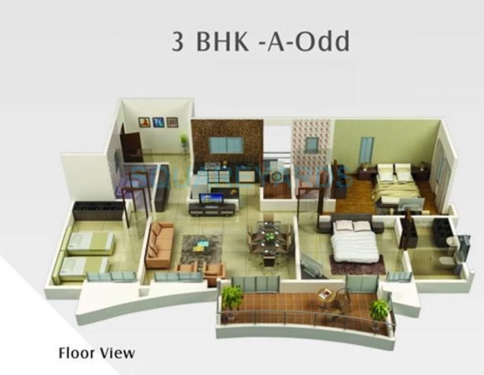 Floor plan of 3 BHK 1688 Sq. Ft. Apartment in Kumar Urban Scapes, Pune