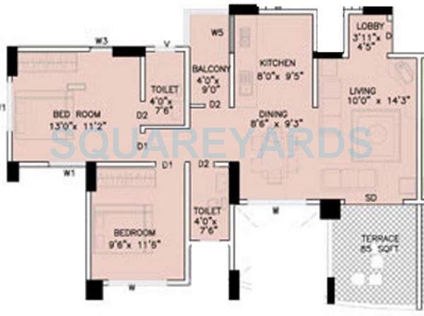 Floor plan of 2 BHK 907 Sq. Ft. Apartment in Kumar Urban Shantiniketan Phase 2, Pune