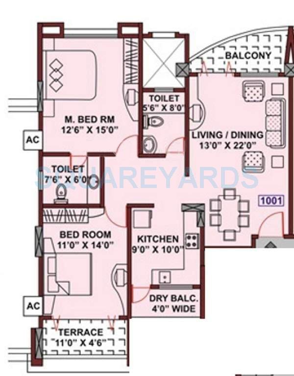 Floor plan of 2 BHK 1000 Sq. Ft. Apartment in Kumar Urban Sophronia, Pune