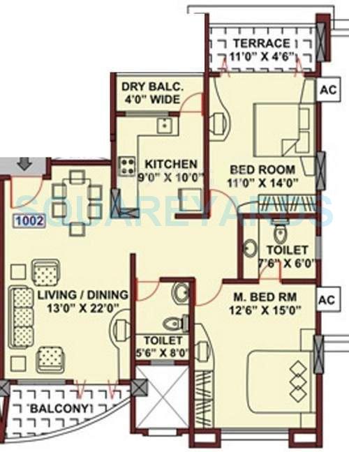 Floor plan of 2 BHK 1220 Sq. Ft. Apartment in Kumar Urban Sophronia, Pune