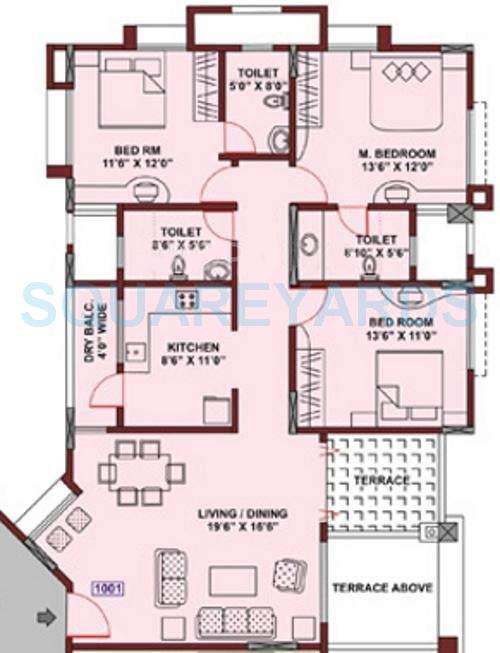 Floor plan of 3 BHK 1500 Sq. Ft. Apartment in Kumar Urban Sophronia, Pune