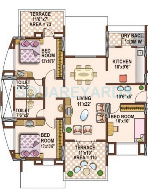 Floor plan of 3 BHK 1472 Sq. Ft. Apartment in Kumar Urban Sublime, Pune
