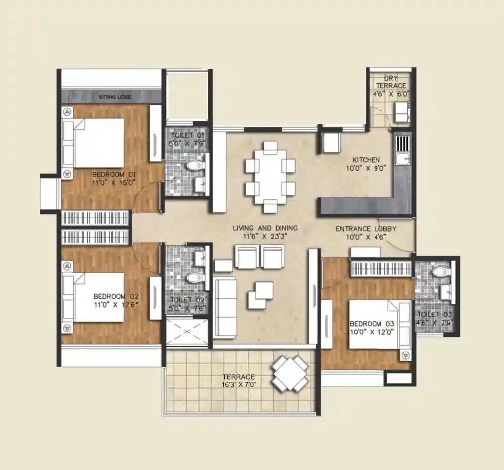 Floor plan of 3 BHK 1123 Sq. Ft. Apartment in Kumbare Eka, Pune